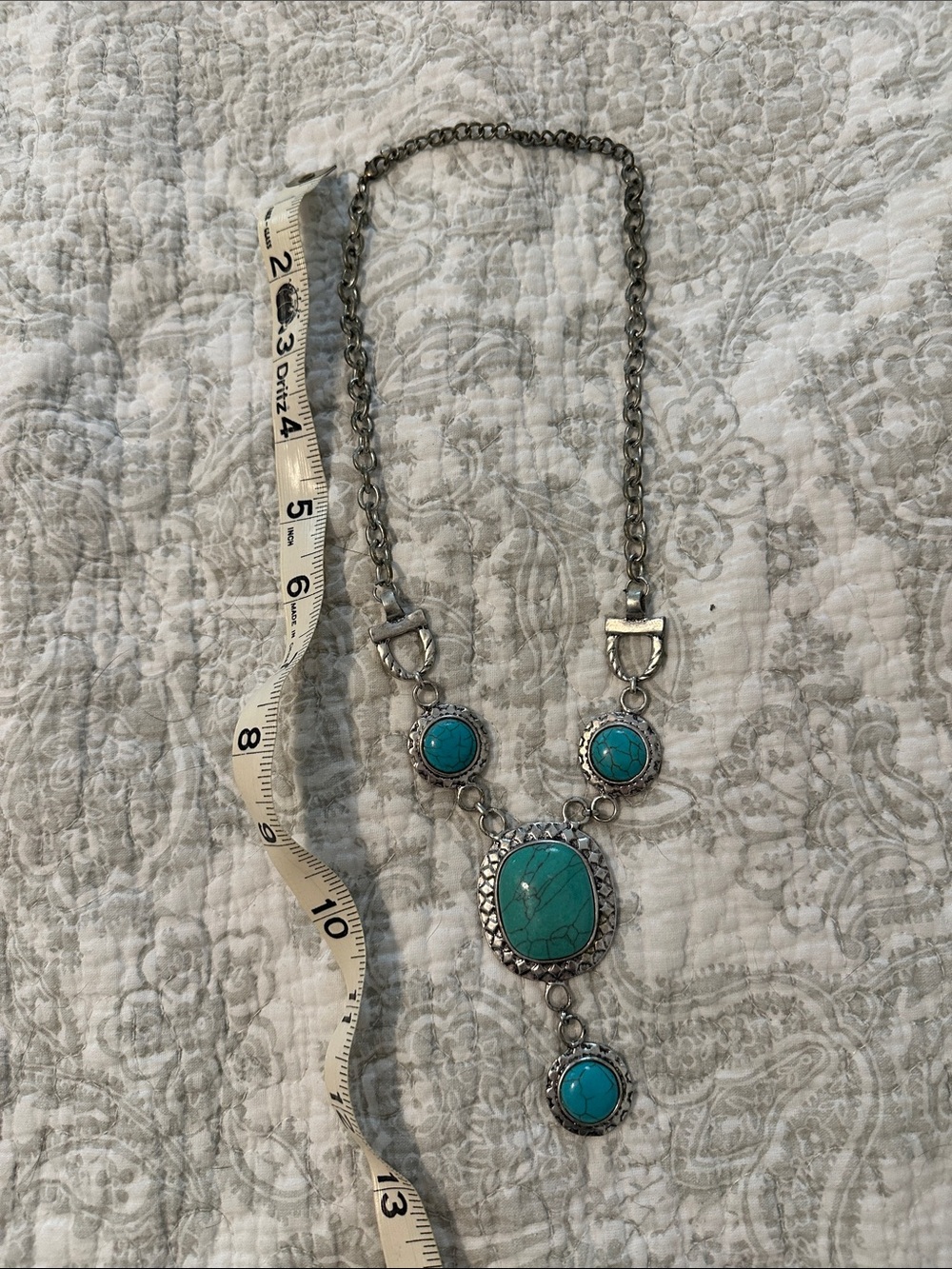 Turquoise Stone Pendant Statement Necklace - Silver Tone